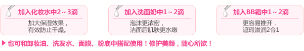 也可和卸妆油、洗发水、面膜、粉底中搭配使用！修护美颜，随心所欲！