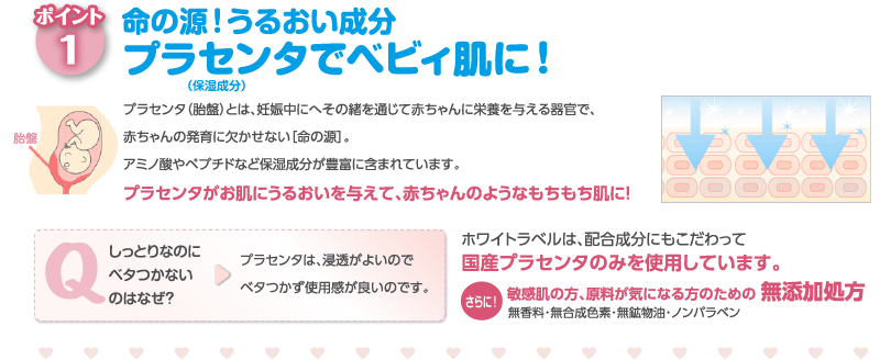 命の源！うるおい成分プラセンタでベビィ肌に！